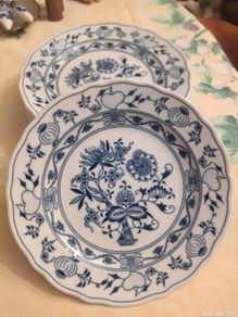 Antiques: 6 platos llanos de porcelana Patrón cebolla original Dubi Oak Forest Checoslovaquia